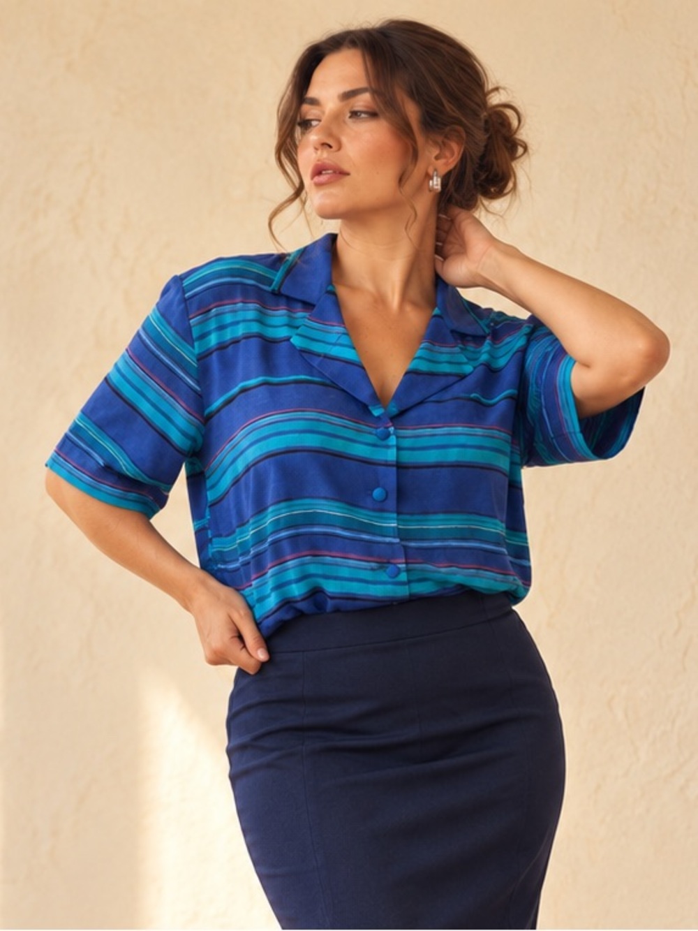 Vintage Halmode Plus Rayon Striped Blouse Cobalt Turquoise 16W